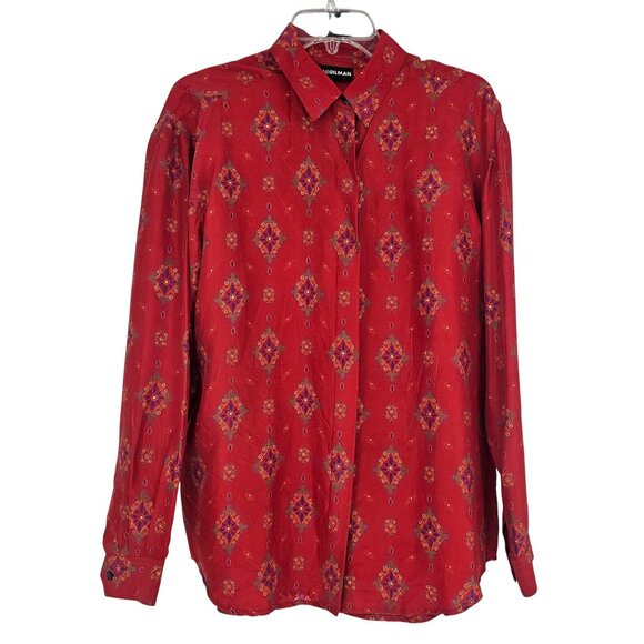 VTG Diane Gilman Red Silk Button Up Shirt L Boho Floral Print Hidden Button - Picture 1 of 10